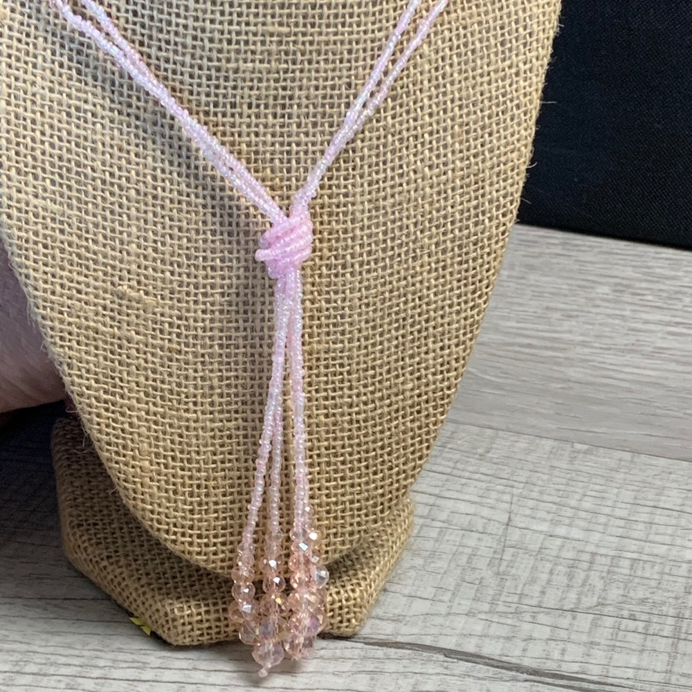 Pink Beaded Lariat Necklace Faceted Crystal Tassel Boho 32 Inch 4766